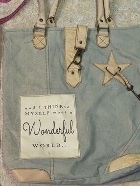 Vintage Addiction Light Blue Canvas Label Tote - Beige Patch